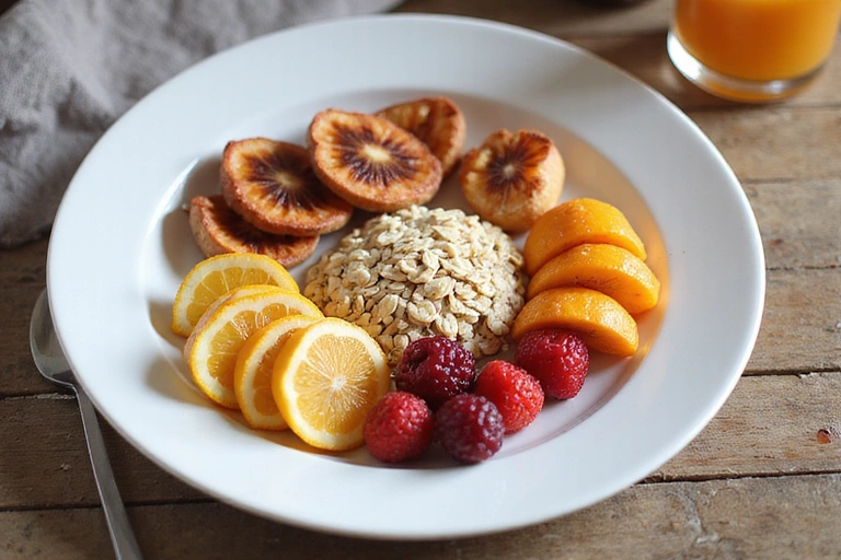 Image of a balanced breakfast plate with fruits, oats, and nuts.