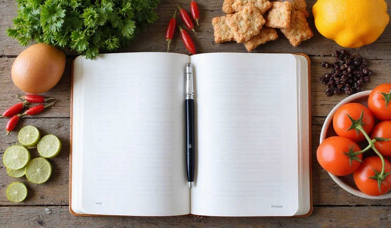 A vibrant, healthy meal spread on a wooden table with fresh ingredients including fruits, vegetables, nuts, and whole grains, with natural light.