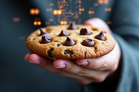 A hand holding a cookie with digital elements floating around it, representing data and web interaction.