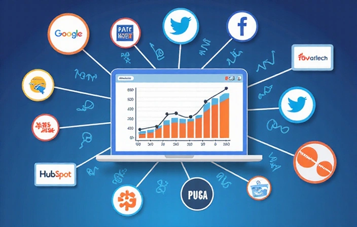 Illustration of various third-party logos and data flowing into a central analytics dashboard.