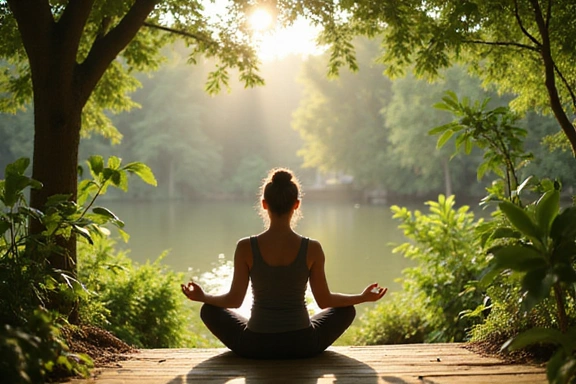 A person meditating peacefully outdoors, surrounded by lush greenery, symbolizing mental well-being.