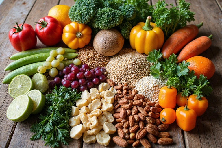 Various healthy ingredients like fruits, vegetables, and grains arranged artfully on a wooden table, symbolizing holistic nutrition.