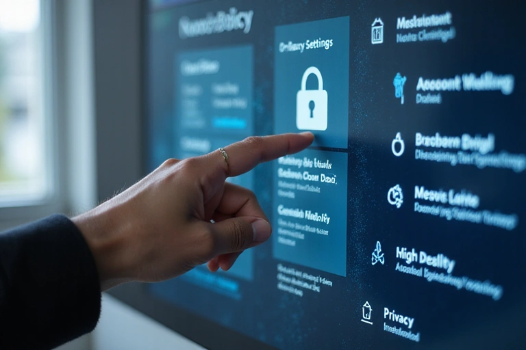 A person's hand interacting with a digital interface showing privacy settings and control options.