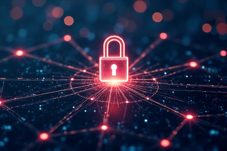 A digital padlock icon overlaid on a network of data points, symbolizing data security.