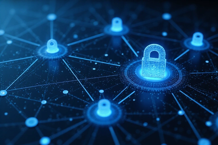 Abstract representation of secure data transfer between entities, symbolizing data sharing with partners.
