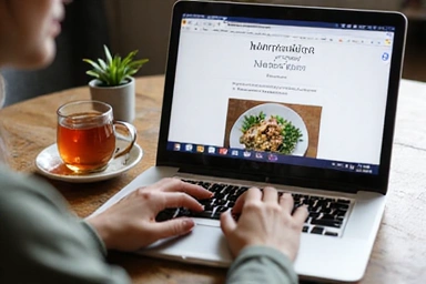 A person reading a blog on a laptop, with a cup of tea and a plant nearby, cozy setting.